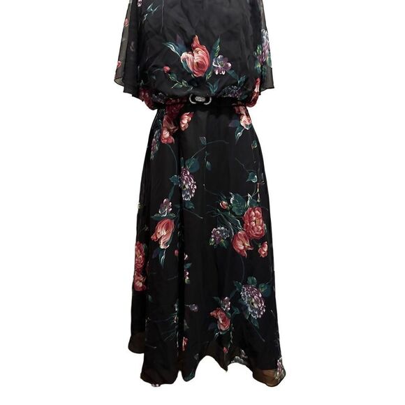 Vintage Blouson Style Black Semi Sheer Layered Floral Dress Rhinestone Size M - Picture 2 of 16